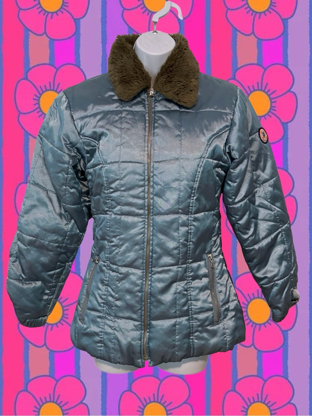 Pepe Jeans Metallic Ice Blue Quilted Jacket with Grey Faux Fur Collar